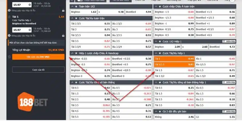 Kèo Tài Xỉu Hiệp 1: Trọn Bí Kíp Soi Kèo Bất Bại Từ 188BET Cách tính tỷ lệ kèo với dạng kèo tài xỉu này rất rõ ràng và dễ hiểu tại 188BET.